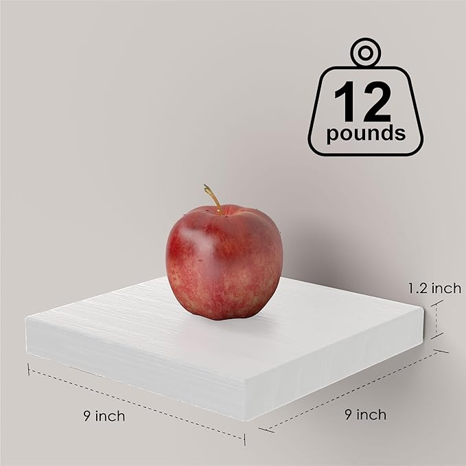 PopiShelves Small Floating Shelves for Wall - 9 Inch Square White Shelves for Bedroom, Living Room, Bathroom, Kitchen, Office Decor Set of 3,