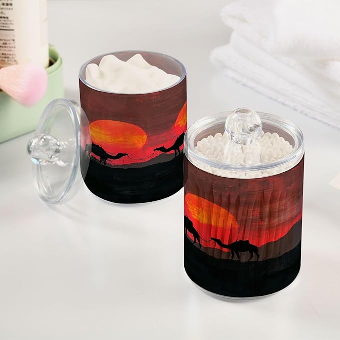 Nander 2Pack Sunset Desert Camel Qtip Holder Dispenser -Clear Plastic Apothecary Jars Set - Restroom Bathroom Makeup Organizers Containers for Cotton Swab, Ball, Pads, Floss