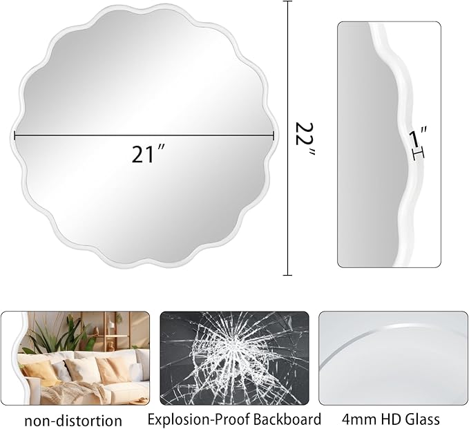 White Round Wavy Mirror for Wall 22 inch Nursery Mirror Decorative Metal Circle Mirrors Scalloped White Hanging Mirror for Bathroom,Bedroom, Dresser, Living Room,Entryway