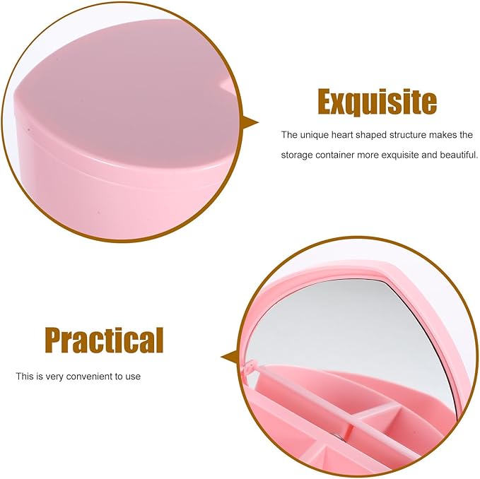 Operitacx Heart Shape Jewelry Box Double-layer Earrings Organizer with Makeup Mirror Pink Jewelry Storage Holder for Desktop Decorative Ring Case