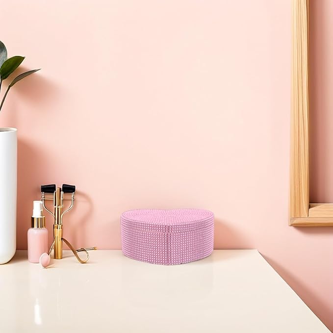 Healifty Heart Shaped Jewelry Box Double Layer with Rhinestone Pink Makeup Organizer Box with Mirror for Earrings Rings Bracelets Storage and Jewelry Case