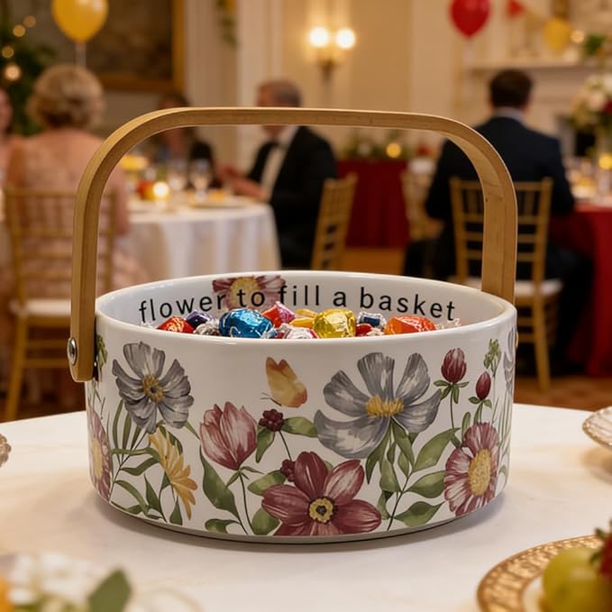 Ceramic Fruit Bowl with Detachable Wooden Handle Candy Dish Decorations Ornaments Decorative Bowl Birthday & Thank You Gifts(Magenta Flowers and Butterflies)