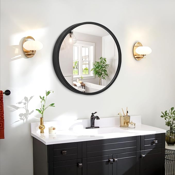 JJUYOU Black Round Framed Mirror - 16" Circle Wall Mirror for Bathroom, Bedroom & Living Room - Modern Aluminum Alloy Metal Frame