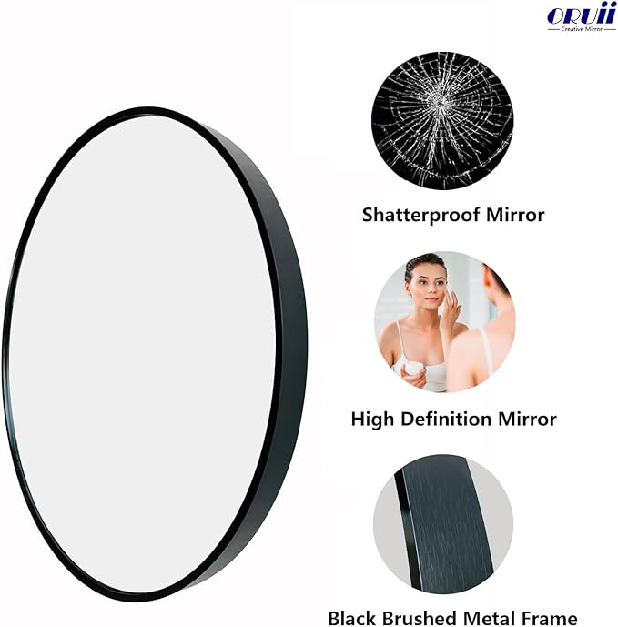 Oruii Round Mirror, Black Round Mirror 16 inch, Circle Wall Mounted Mirrors for Bathroom, Living Room, Bedroom, Vanity, Entryway, Hallway.