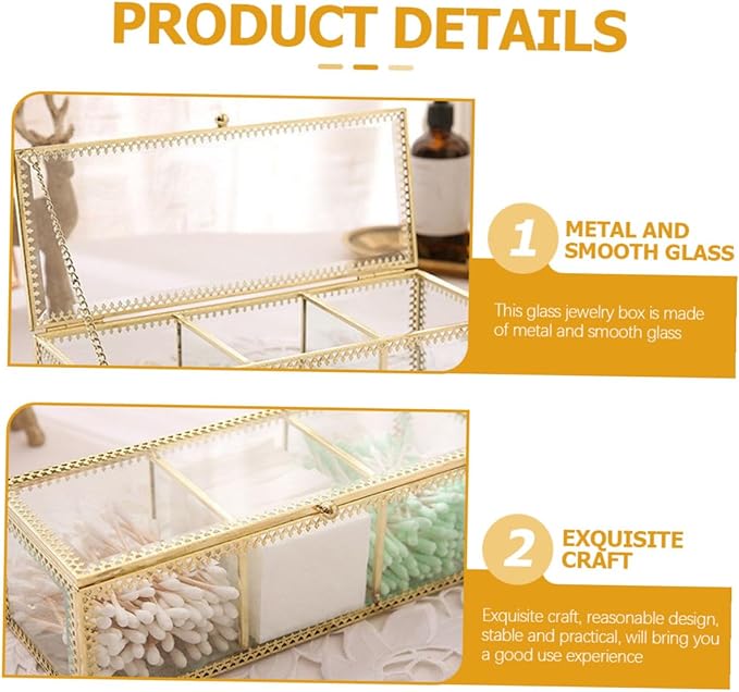 Jewelry Box with Glass Lid and Metal Frame Vanity Organizer for Makeup Rings Earrings Necklaces Bracelets Watches and Small Accessories Dustproof Storage for Bathroom Desk