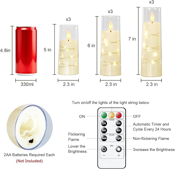 Raycare Flameless Candle with Remote Timer – 9 Flickering Acrylic Battery Operated LED Pillar Candles with Embedded Star String for Valentine's Day, Home Decor, and as a Gift (Ivory)