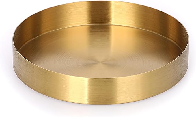 Hipiwe Round Key Bowl for Entryway 7.1" Gold Decorative Tray Jewelry Ring Dish Stainless Steel Candle Holder Plate Perfume Tray Metal Vanity Trays for Bathroom Dresser Home Decor