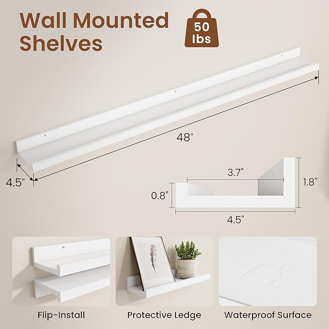 Heimlove Picture Ledge Shelf,48 inch Long Floating Shelves for Wall Set of 2,White Picture Shelf with Lip for Wall Decor,Living Room,Bedroom,Bookshelf,Nursery,Perfume