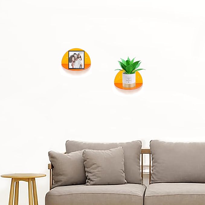 ROYALITA Small Acrylic Shelves Room Decor Floating Shelves (2-Pack, 8-inch Diameter) - Wall Mounted Display Stand for Plants, Toys, Makeup, and More - Ideal for Home and Office, Orange