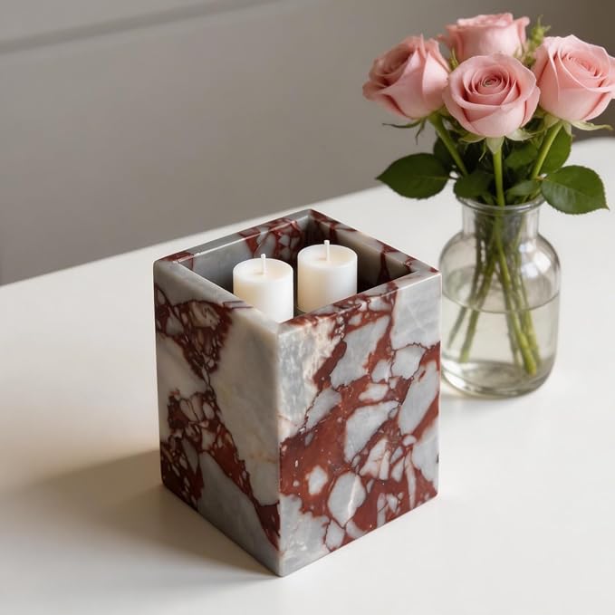 Natural Marble Stone Square Storage Container Empty Vessel Holder Cup for Candle/Pens/Sundries items (Calacatta Red)