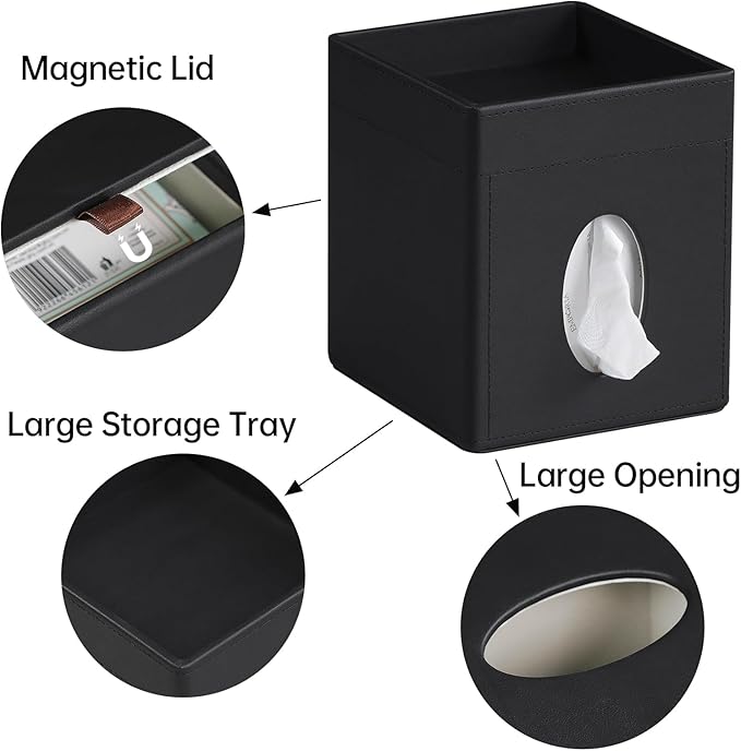 Tissue Box Cover, PU Leather Square Tissue Box Holder with Storage Tray for Bathroom Vanity Countertop Night Stands Bedroom Office Desk, Stylish Tissue Holder Decorative Organizer (Black)