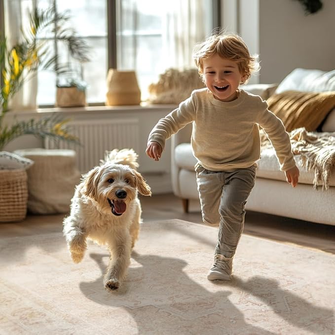 GENIMO 2x8 Runner Rugs for Hallway, Machine Washable Non Slip Vintage Rugs, Low Pile Lightweight Soft Print Carpet for enrtyway, Corridor, Home, Office, Kitchen, Light Pink