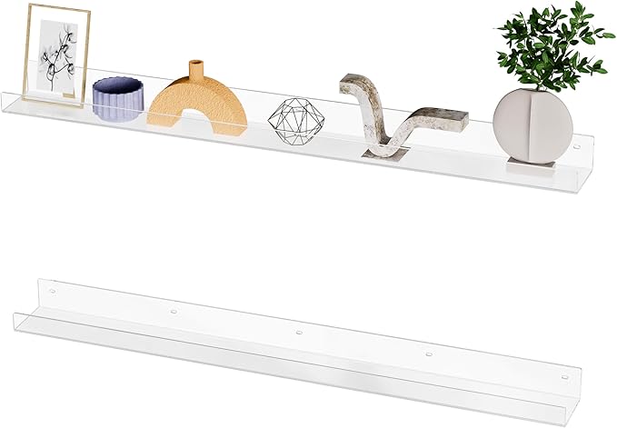 36'' Clear Acrylic Wall Long Shelf 2 Pack, Acrylic Floating Book Shelves, Wall Mounting Invisible Ledge Book Shelf