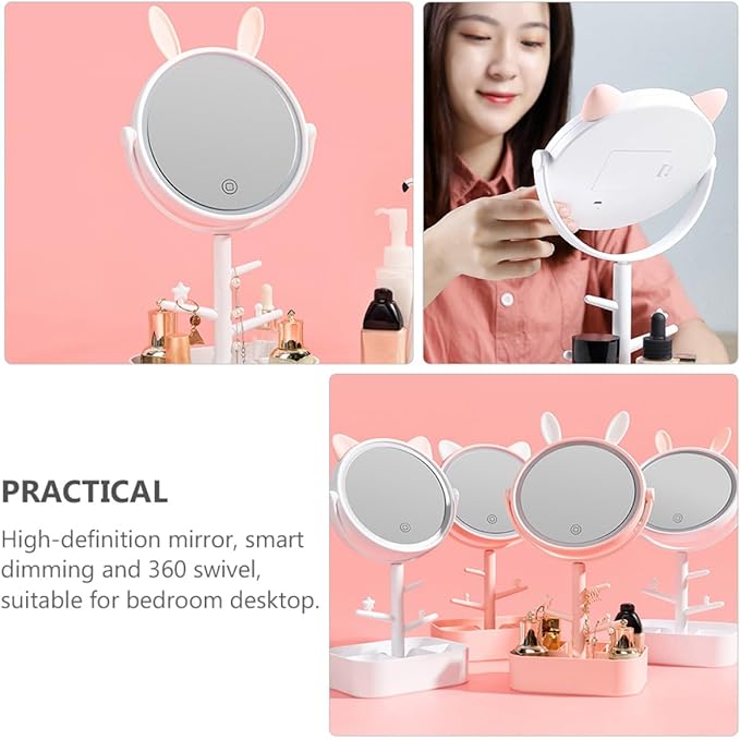 LED Makeup Mirror with Storage Box, Dimmable Rechargeable Tabletop Vanity Mirror with Desktop Organizer, Small Size Creative Cat Design for Makeup Supplies and Dressing Table Use