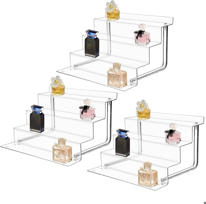 AMT Acrylic Riser Display Stand, 100% Acrylic Clear 4-Tier Organizer for Figures, Cupcake, Perfume, Sunglasses (12 inch x 2.4 inch) 3-pack