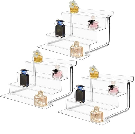 AMT Acrylic Riser Display Stand, 100% Acrylic Clear 4-Tier Organizer for Figures, Cupcake, Perfume, Sunglasses (12 inch x 2.75 inch) 3-pack