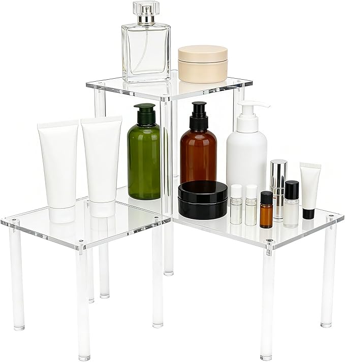3 PCS Acrylic Corner Countertop Organizer, 2-Tier Adjustable Stackable Shelves(1 Large 2 Small), Clear Storage Rack for Kitchen Bathroom Cabinet Tabletop Coffee Bar and Spice