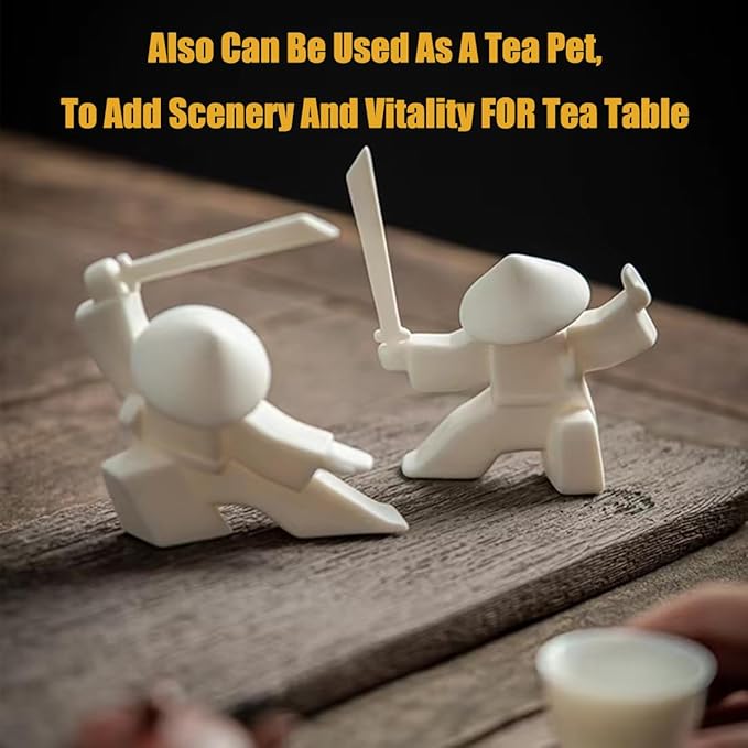 LYART Tea Pet Warrior Statue Figurine Tea Ornament Accessories Cute Kung Fu Tea Ceramic Sculpture Decoration Gift for Tearoom Home Office Children's Day Gift for Tea Lover (White a+b+c)
