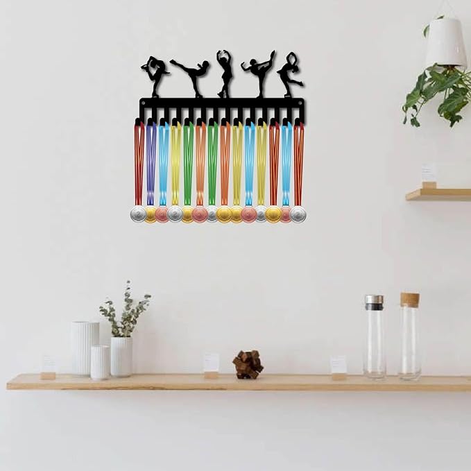 CREATCABIN Figure Skating Medals Holders Medal Display Hanger Small Rack Organizer Metal Ribbon Shelf Stand Frame Decor Wall Mounted Hanging with 14 Hooks for Athlete Sporter Black 11.4 x 5Inch