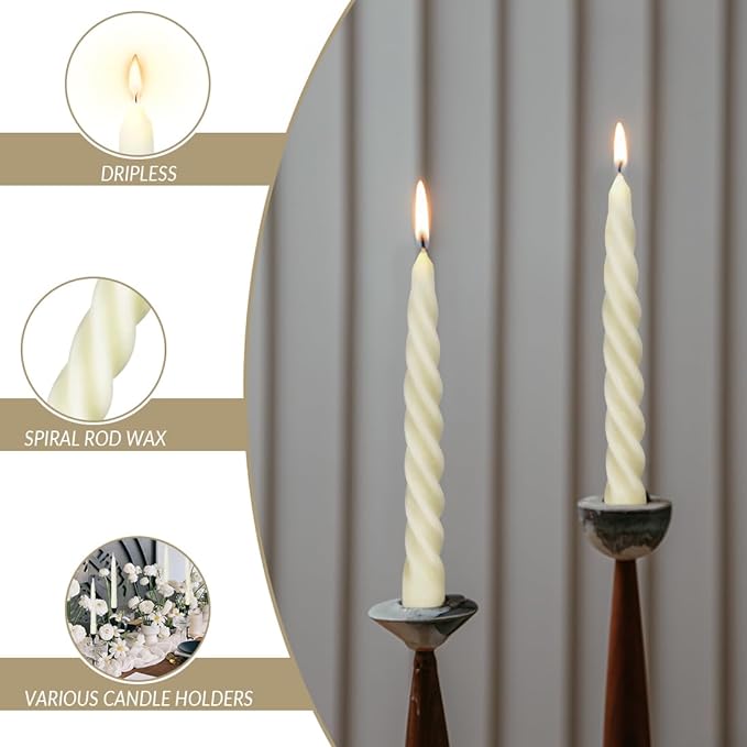 12 pcs Natural Beeswax Spiral Taper Candles, Dripless Short Candle Sticks for Dinner Wedding Party Christmas Home Decorations - 7 Inch Tall- Off White