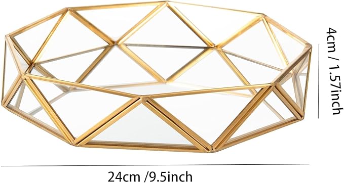 Feyarl Gold Glass Perfume Tray Mirror Vanity Jewelry Trinket Organizer Tray Ornate Cosmetic Makeup Display Decorative Coffee Table Tray for Wedding Home Decor Dresser Tabletop Countertop (9.5inch)