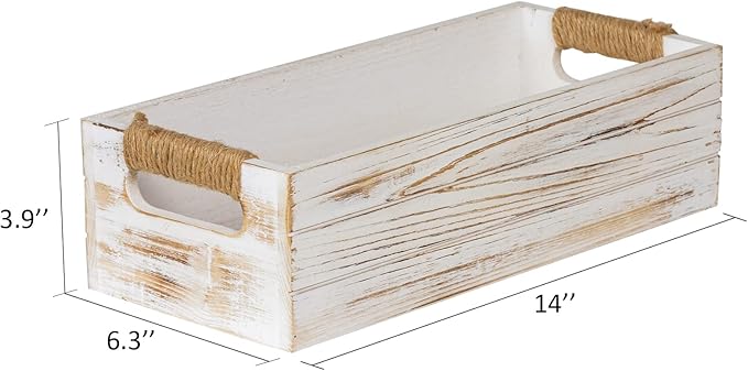 TIMRIS Rustic Wooden Toilet Paper Holder, Farmhouse Bathroom Decor, Toilet Tank Basket, Decorative Storage Container (Whitewash)
