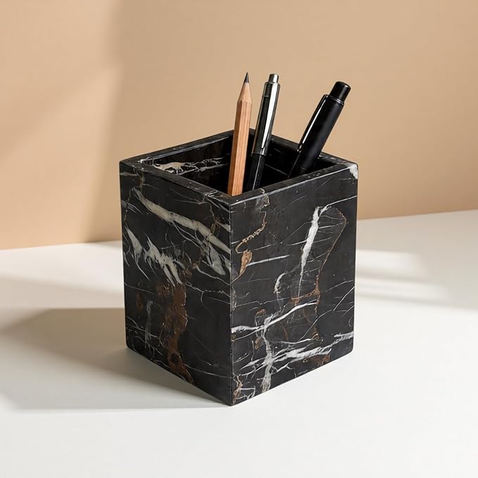 Natural Marble Stone Square Storage Container Empty Vessel Holder Cup for Candle/Pens/Sundries items (Black Brown)