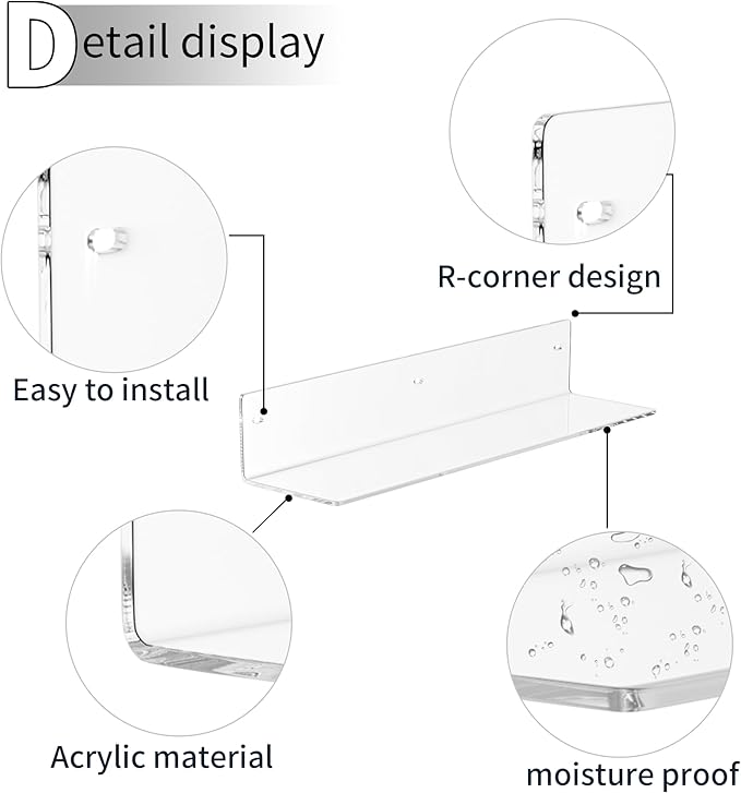 Sezanrpt 16 Inches Clear Acrylic Shelves, Wall Mounted Organizer Shelves for Bedroom, Clear Wall Storage Shelves for Cosmetics, Skincare, Router, Doll, Toiletries, Helmets, 2 Pack