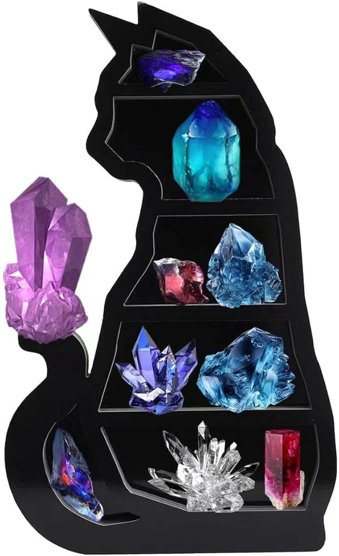 Wooden Moon Shelf for Crystals Display, Rustic Wooden Fairy Shelf for Crystals, 14In Large Wall Mounted Crystal Display Gothic Witchy Home Decor (Cat)