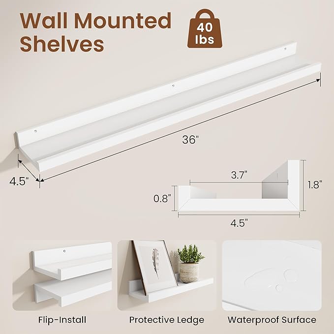 Heimlove Picture Ledge Shelf,36 inch Long Floating Shelves for Wall Set of 2,White Picture Shelf with Lip for Wall Decor,Living Room,Bedroom,Bookshelf,Nursery,Perfume