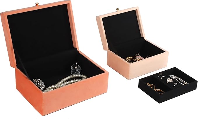 HofferRuffer Velvet Jewelry Boxes Decorative Boxes, Storage Accessory Organizer Boxes with Elegant Handle Decor, Classic Velvet Set of 2 Pieces (Orange)