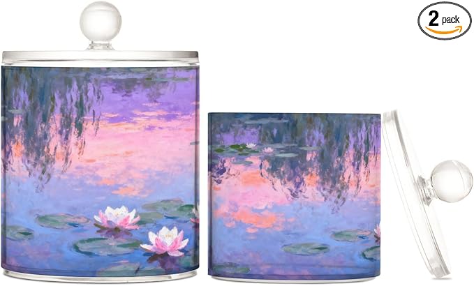 Oil Painting Lake Waterlily Purple Clear Plastic Makeup Organizer Storage with lid Pantry Essentials Decorative small storage bins for Cotton Swabs,Cotton Pads,Floss Picks,Paper Clips,Hair