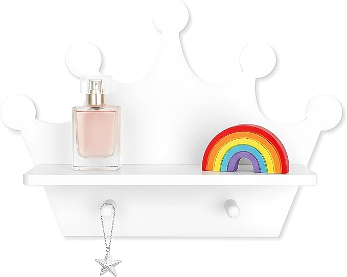 White Crown Floating Wall Shelf with Hooks, Princess Room Decor for Girls Bedroom, Nursery Organizer for Girls Room Storage