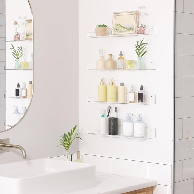 Acrylic Shelves for Bathroom Storage, 15" Floating Shelves Wall Organizer for Perfume, Make up, Skincare, Kids Bookshelf for Bedroom, Nursery, Living Room Decor, Clear 1 Pack