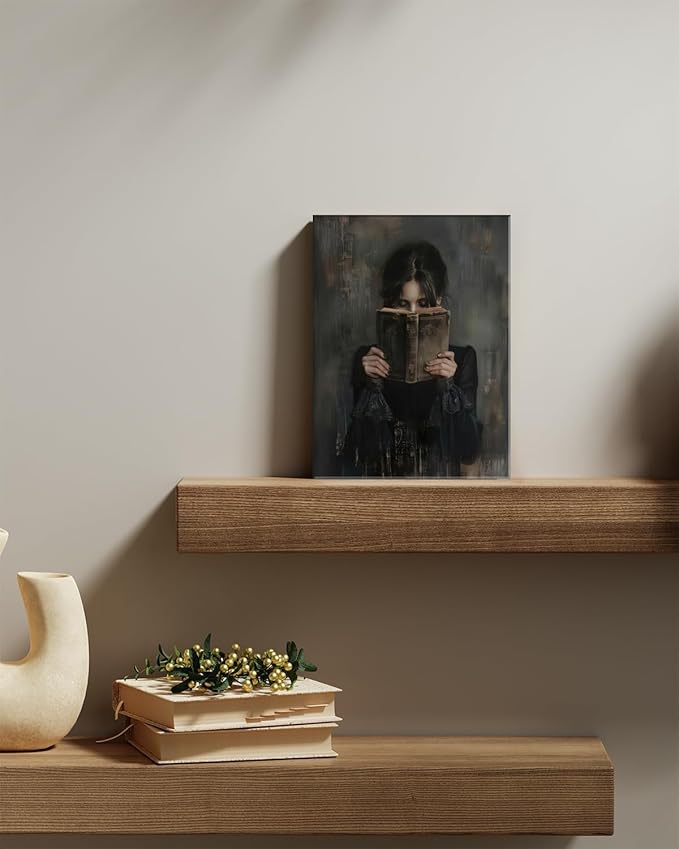 Dark Academia Book Wall Art Vintage Gothic Victorian Woman Reading Wall Decor Poster Painting Picture Moody Girl Aesthetic Canvas Print for Bedroom Living Room Dorm Library Corner 16x24Inch Framed
