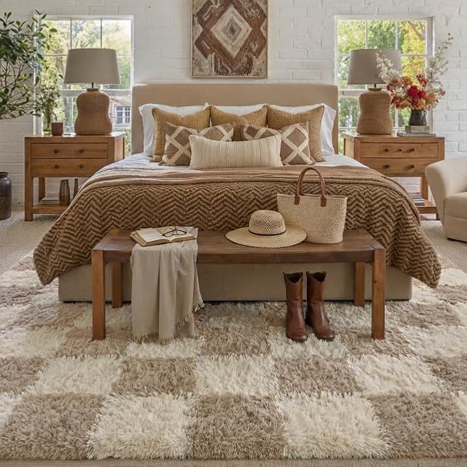 PureCozy Checkered Rug 8x10 for Living Room, Modern Neutral Shag Rug Washable Non-Slip Large Area Rug Super Soft Indoor Fuzzy Carpet Fluffy Rugs for Bedroom Home Aesthetic Decor