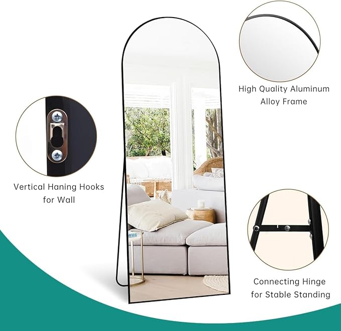 Dewfig Arched Full Length Mirror, 64"x21" Gold Mirror with Stand, Full Body Mirrors for Leaning Against or Wall Mounted, Large Floor Mirrors for Bedroom, Living Room, Black