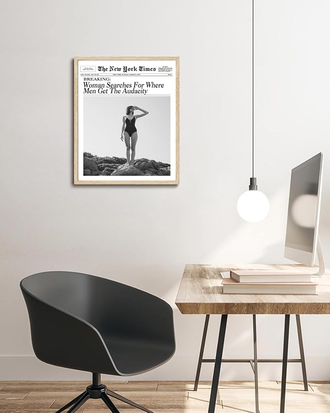 Bwodke OAK Wood Framed Wall Art Woman Searches For Where Men Get The Audacity Canvas Art Vintage Newspaper Pictures Wall Decor Trendy Retro Magazine Prints for Girly Dorm Bedroom 16"x20"