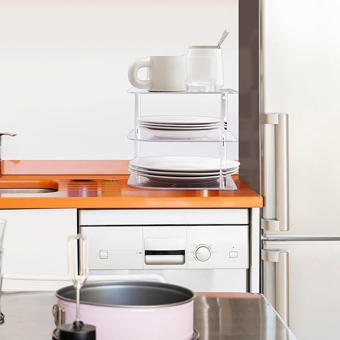 Vicenpal 3-Tier Plate Organizer for Cabinet, Clear Acrylic Corner Shelf for Dishes Bowls, Corner Rack for Kitchen Counter, Bathroom Storage, 10" D x 10" W x 8.82" H
