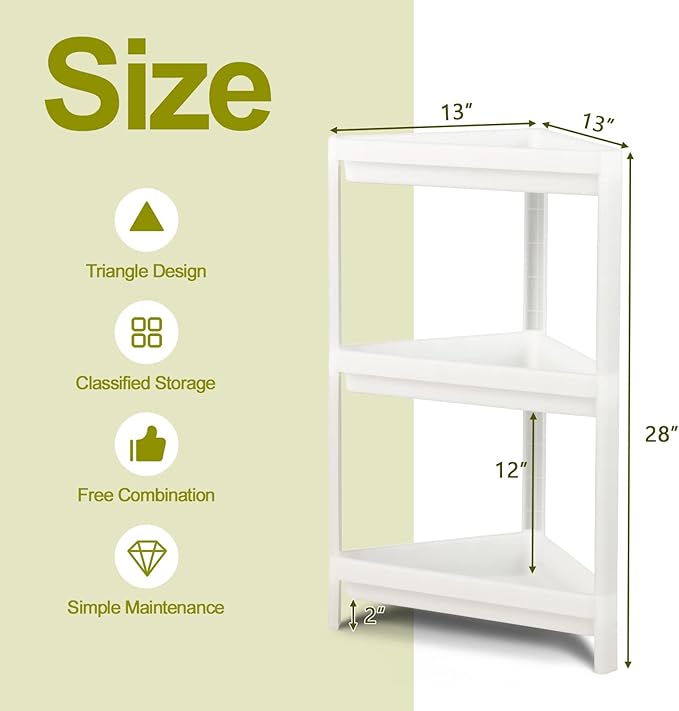 Giantex 2 Pack Corner Shelf Stand, 3-Tier Detachable Floor Shower Shelf, Bathroom Corner Stand w/Drainage Holes, Counter Storage Shelf, Triangle Organizer Rack for Kitchen, Living Room, White