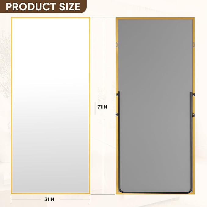Antok Full Length Mirror, 71"x32" Floor Mirror with Stand, Hanging Mounted Mirrors for Bedroom, Living Room, Cloakroom, Dining Room, Gold, Rect