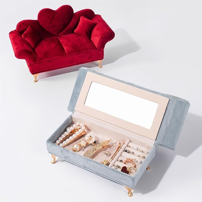 Jewelry Box Creative Flannel Jewelry Organizer Small Sofa Shape Jewelry Organizer Makeup Mirror Ring Organizer Jewelry Organizer for Rings Necklaces Bracelets Earrings ( Color : Gray , Size : 24*9*17c
