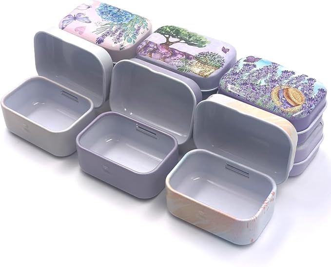 8Pcs Metal Hinged Tin Box Container Floral Farmhouse Rustic Mini Portable Small Storage Container Kit with Lid for Home Storage 2.1x1.5x1 Inch (Purple)