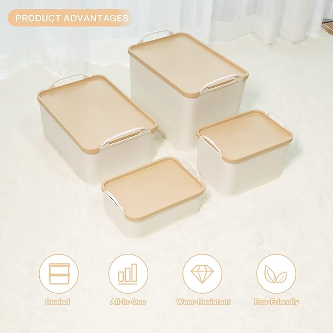 ANMINY 12PCS Plastic Storage Bins Containers with Lids, Large Storage Organization Bins Boxes, Lidded Plastic Storage Baskets for Closet Shelves Desktop, Wheat Lids, 2XL + 4L + 2M + 4S