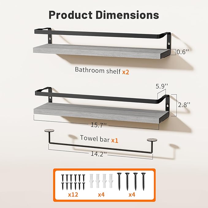 Bathroom Shelves with Towel Bar,Floating Shelves for Bathroom, Kitchen, Bedroom, Paulownia Wood, Matte Black Metal Frame - Set of 2 (White)