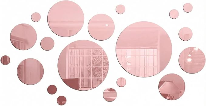 Shappy 32 Pcs Acrylic Mirror Wall Stickers Removable Round Wall Decal Circle Mirror Tiles for Home Bathroom Living Room Bedroom TV Background Decor (Pink,Medium Size)