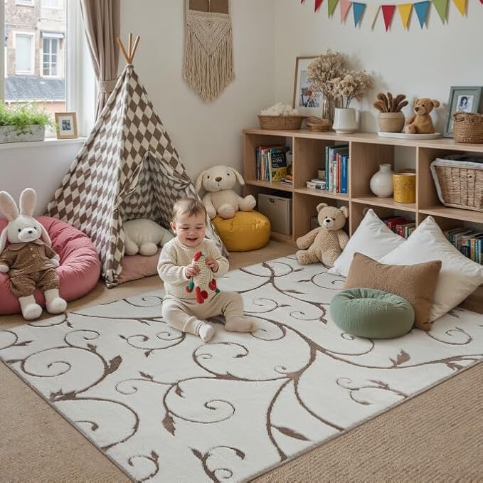 PureCozy Washable Neutral Area Rug 4x6 Beige Soft Shag Rugs for Kids Room Modern Boho High Pile Non-Shedding Throw Rugs Non Slip Indoor Office Carpet for Playroom Bedroom Living Room