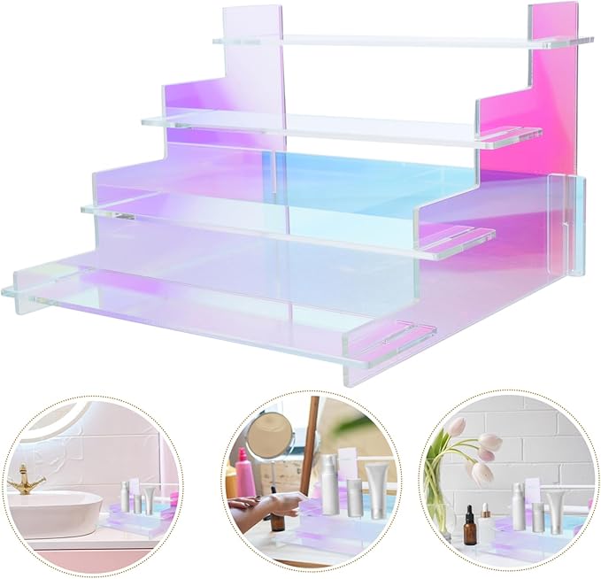 Transparent Acrylic Display Stand for Makeup and Perfume Organizer Dazzling Rainbow Color Figurines Rack Versatile Decorative Risers for Home and Vanity Use