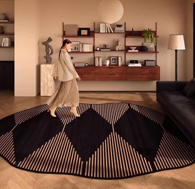 Minimalist Retro Aesthetics Geometric Striped Art Deco Irregular Shaped Area Rug for Living Room Bedroom Guestroom Low Pile Carpet 2x3 Boho Meetingroom Home Office Stain Resistant Floor Mat Black