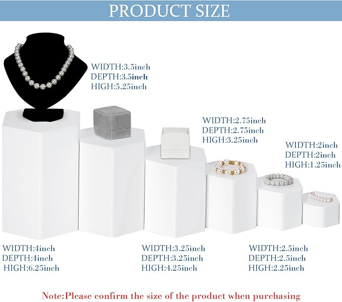 Jetec Hexagonal Jewelry Display Risers Hexagonal Market Display Risers Stands Acrylic Showcase Acrylic Stand for Jewelry Model Figures Decoration, 6 Sizes(White,6 Pieces)